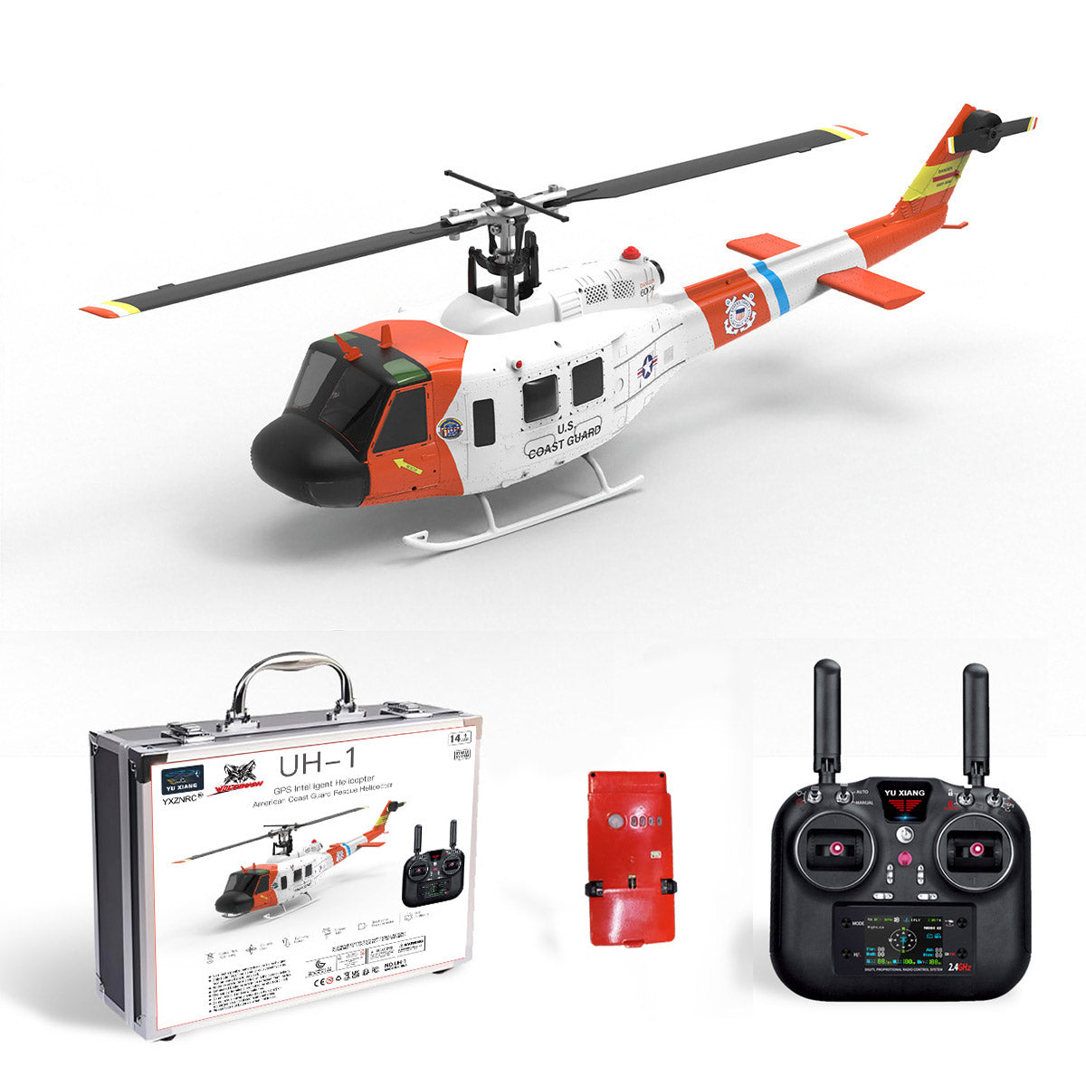 WOLFBUSH×YU XIANG F07S UH-1 Huey 1/34 Scale 2.4G 6CH Brushless Direct Drive 6G Flybarless RC Helicopter Model with GPS Positioning for Altitude Hold and Adjustable Left/Right Hand Throttle (RTF Version/White Rescue Livery)