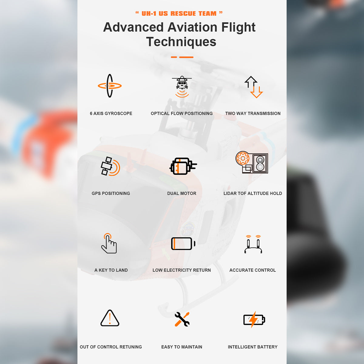 WOLFBUSH×YU XIANG F07S UH-1 Huey 1/34 Scale 2.4G 6CH Brushless Direct Drive 6G Flybarless RC Helicopter Model with GPS Positioning for Altitude Hold and Adjustable Left/Right Hand Throttle (RTF Version/White Rescue Livery)