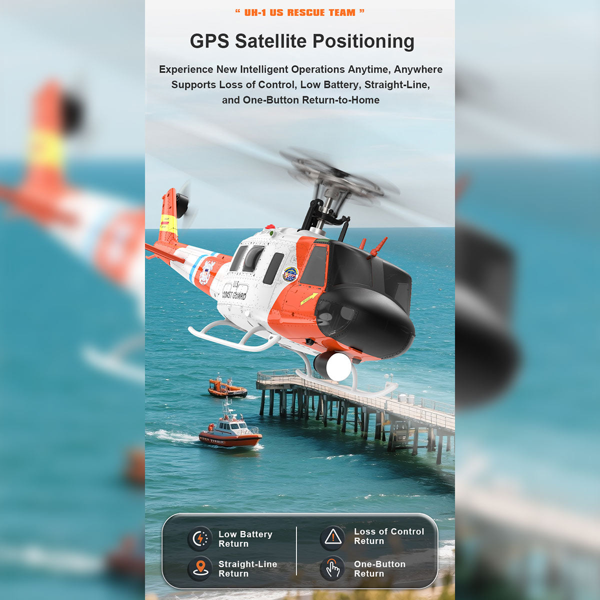 WOLFBUSH×YU XIANG F07S UH-1 Huey 1/34 Scale 2.4G 6CH Brushless Direct Drive 6G Flybarless RC Helicopter Model with GPS Positioning for Altitude Hold and Adjustable Left/Right Hand Throttle (RTF Version/White Rescue Livery)