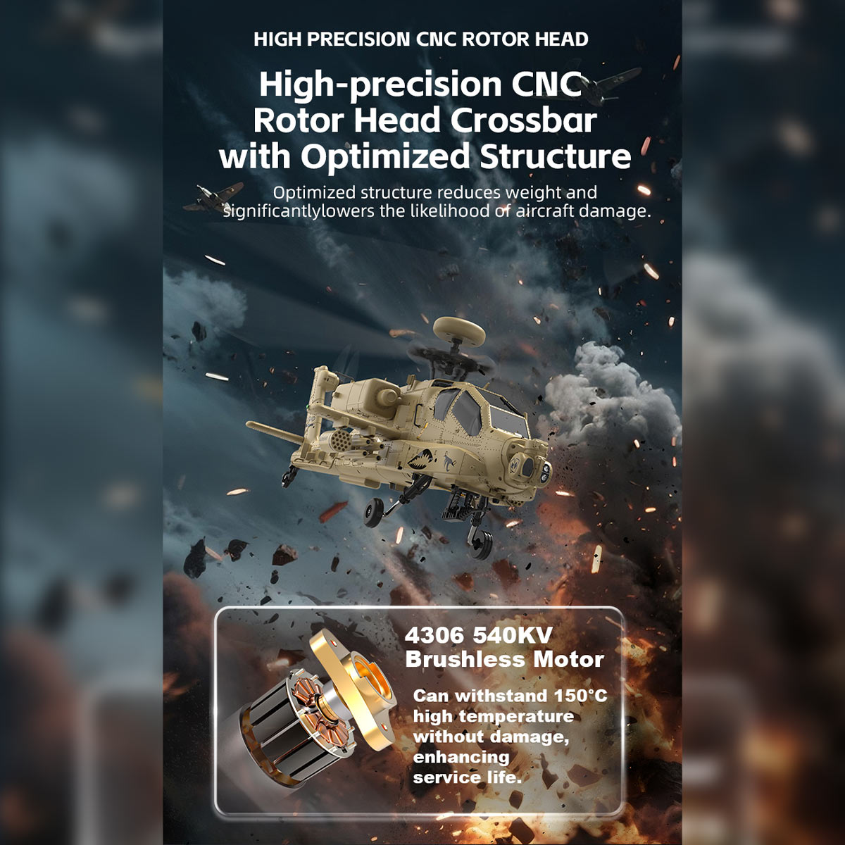 WOLFBUSH & YU XIANG F11-N AH64 1/32 Scale 2.4G 6CH Coaxial Dual Rotor 6G/3D Apache RC Helicopter Model with Optical Flow Altitude Hold (RTF Version/Desert Yellow)