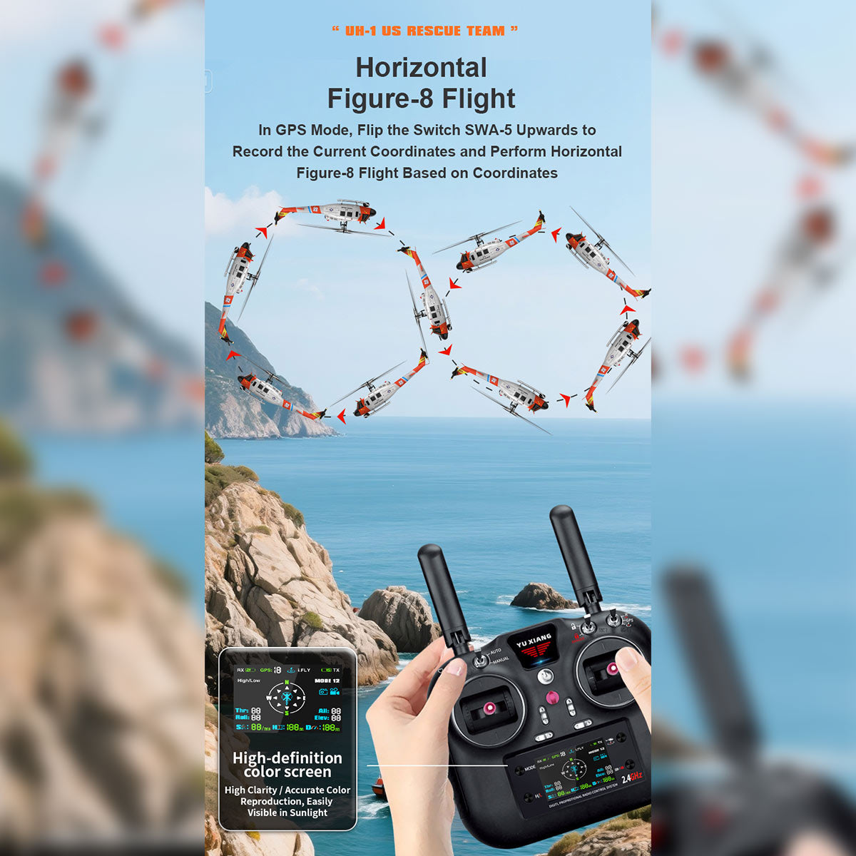 WOLFBUSH×YU XIANG F07S UH-1 Huey 1/34 Scale 2.4G 6CH Brushless Direct Drive 6G Flybarless RC Helicopter Model with GPS Positioning for Altitude Hold and Adjustable Left/Right Hand Throttle (RTF Version/White Rescue Livery)