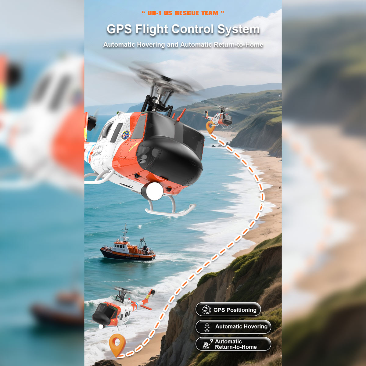 WOLFBUSH×YU XIANG F07S UH-1 Huey 1/34 Scale 2.4G 6CH Brushless Direct Drive 6G Flybarless RC Helicopter Model with GPS Positioning for Altitude Hold and Adjustable Left/Right Hand Throttle (RTF Version/White Rescue Livery)