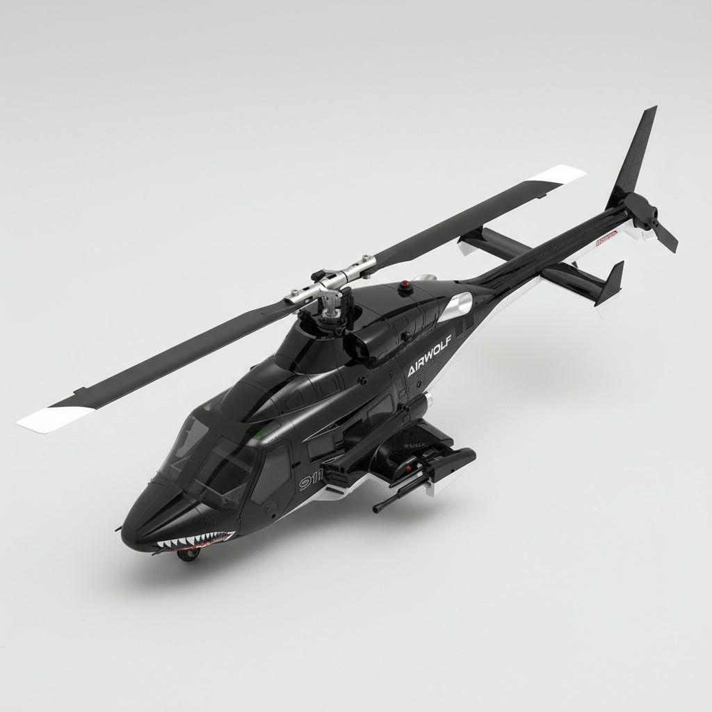 WOLFBUSH AW-911 Airwolf 1/34 Scale 2.4G 9CH Flybarless RC Helicopter Model with 6G/3D Stunt Mode and GPS Positioning (RTF Version/ Mode 1/Mode 2 Switchable)