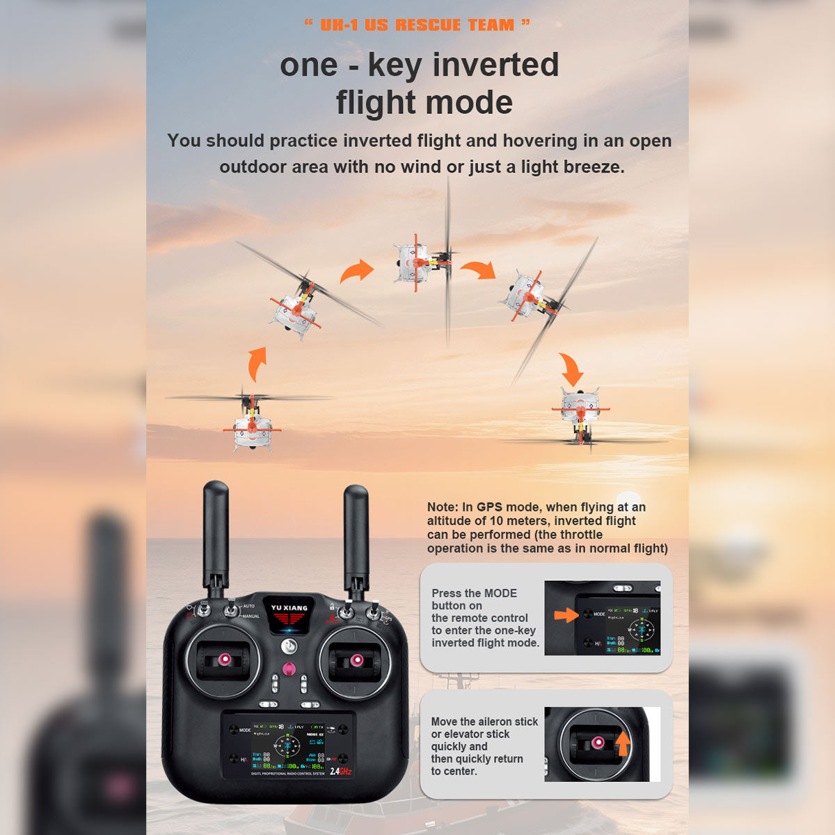 WOLFBUSH×YU XIANG F07S UH-1 Huey 1/34 Scale 2.4G 6CH Brushless Direct Drive 6G Flybarless RC Helicopter Model with GPS Positioning for Altitude Hold and Adjustable Left/Right Hand Throttle (RTF Version/White Rescue Livery)