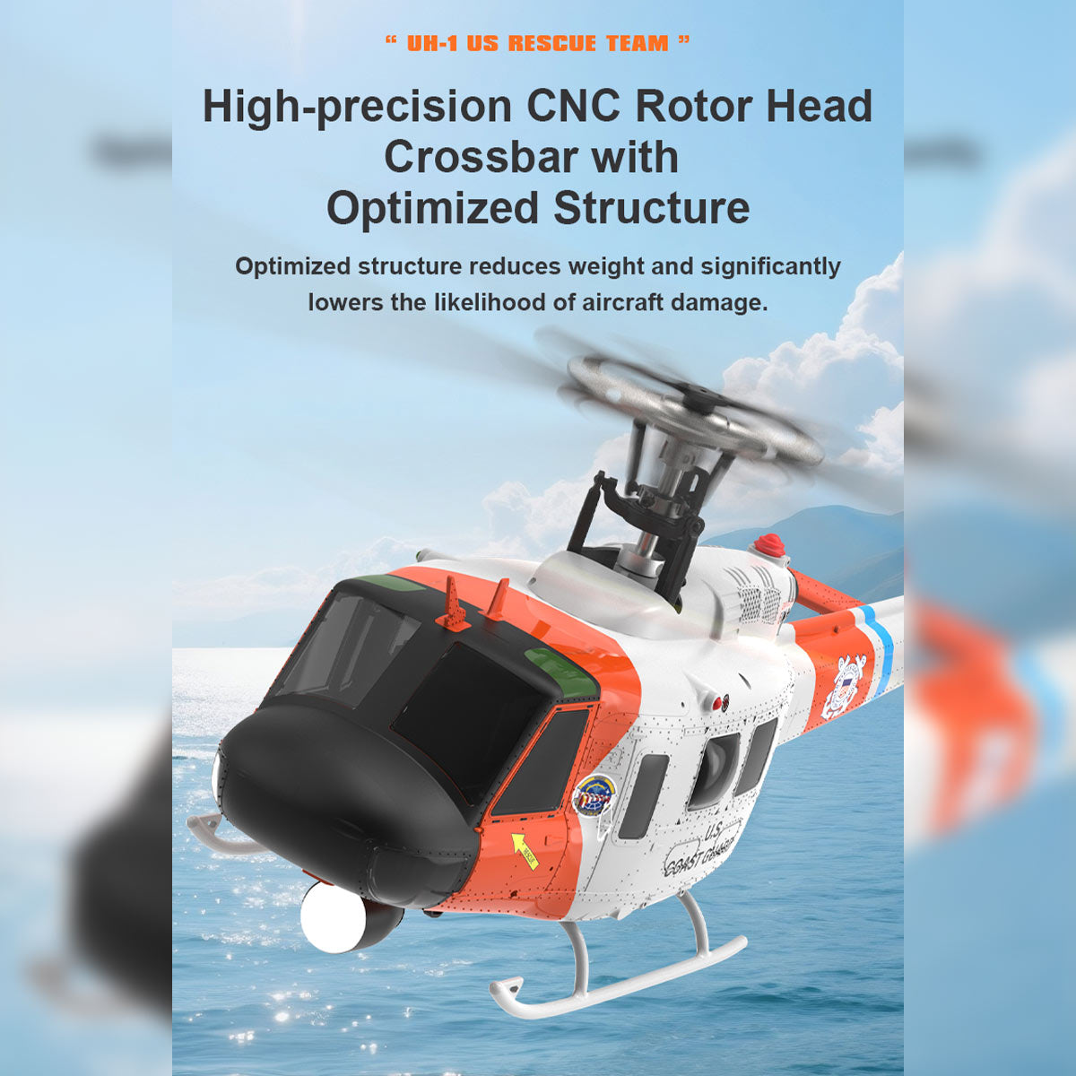 WOLFBUSH×YU XIANG F07S UH-1 Huey 1/34 Scale 2.4G 6CH Brushless Direct Drive 6G Flybarless RC Helicopter Model with GPS Positioning for Altitude Hold and Adjustable Left/Right Hand Throttle (RTF Version/White Rescue Livery)