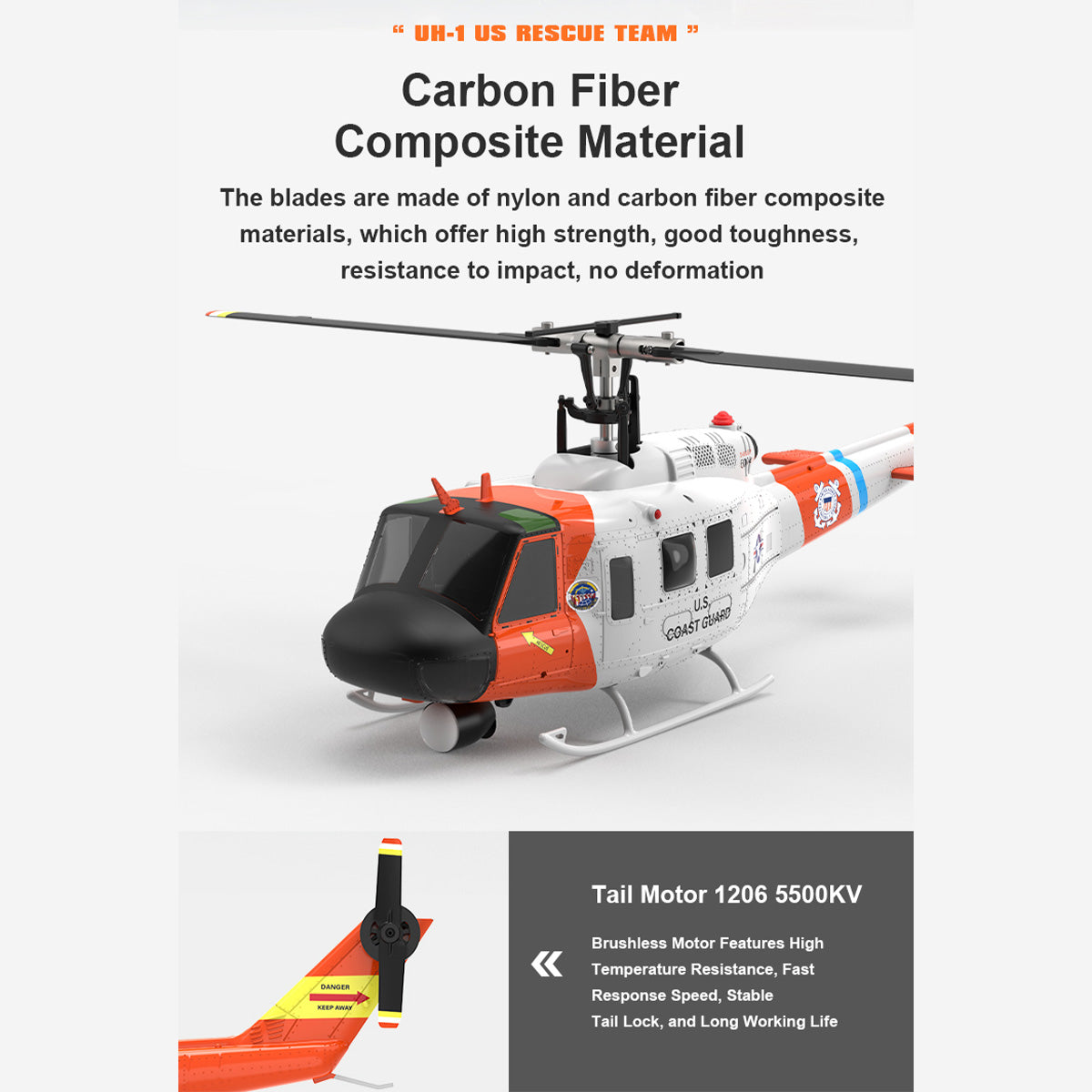 WOLFBUSH×YU XIANG F07S UH-1 Huey 1/34 Scale 2.4G 6CH Brushless Direct Drive 6G Flybarless RC Helicopter Model with GPS Positioning for Altitude Hold and Adjustable Left/Right Hand Throttle (RTF Version/White Rescue Livery)