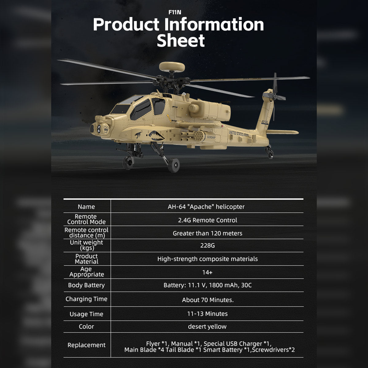 WOLFBUSH & YU XIANG F11-N AH64 1/32 Scale 2.4G 6CH Coaxial Dual Rotor 6G/3D Apache RC Helicopter Model with Optical Flow Altitude Hold (RTF Version/Desert Yellow)