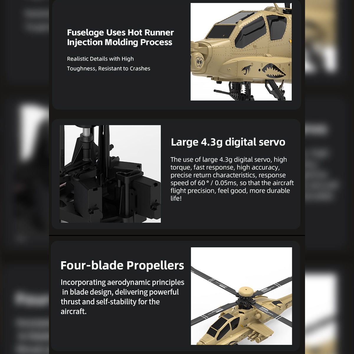 WOLFBUSH & YU XIANG F11-N AH64 1/32 Scale 2.4G 6CH Coaxial Dual Rotor 6G/3D Apache RC Helicopter Model with Optical Flow Altitude Hold (RTF Version/Desert Yellow)