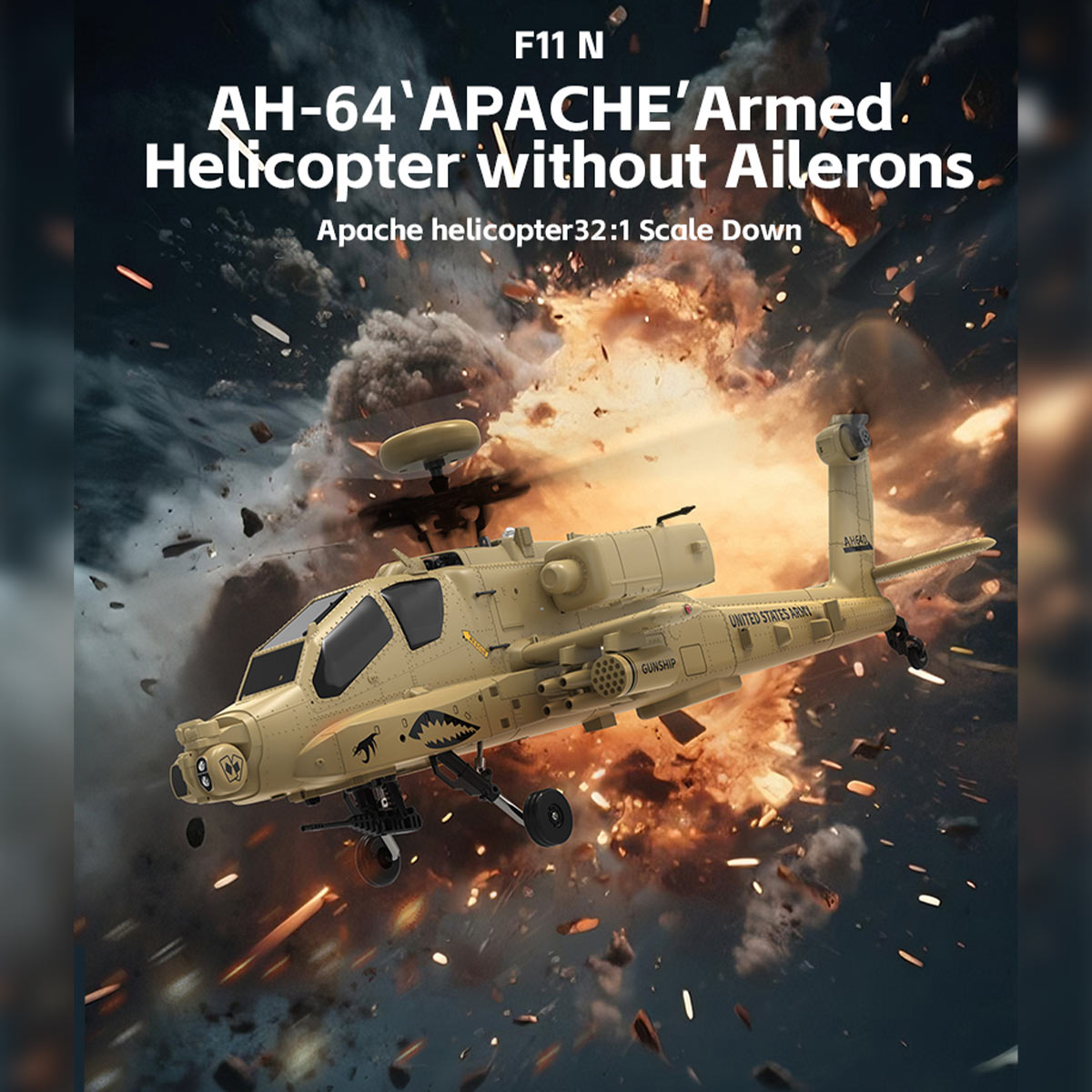 WOLFBUSH & YU XIANG F11-N AH64 1/32 Scale 2.4G 6CH Coaxial Dual Rotor 6G/3D Apache RC Helicopter Model with Optical Flow Altitude Hold (RTF Version/Desert Yellow)