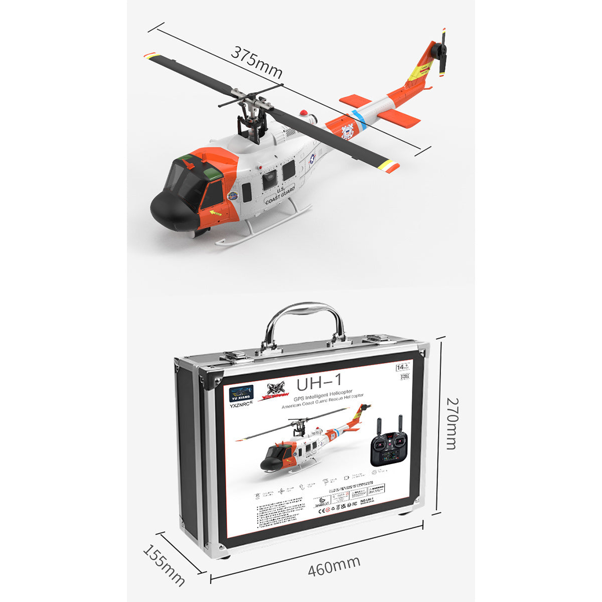 WOLFBUSH×YU XIANG F07S UH-1 Huey 1/34 Scale 2.4G 6CH Brushless Direct Drive 6G Flybarless RC Helicopter Model with GPS Positioning for Altitude Hold and Adjustable Left/Right Hand Throttle (RTF Version/White Rescue Livery)