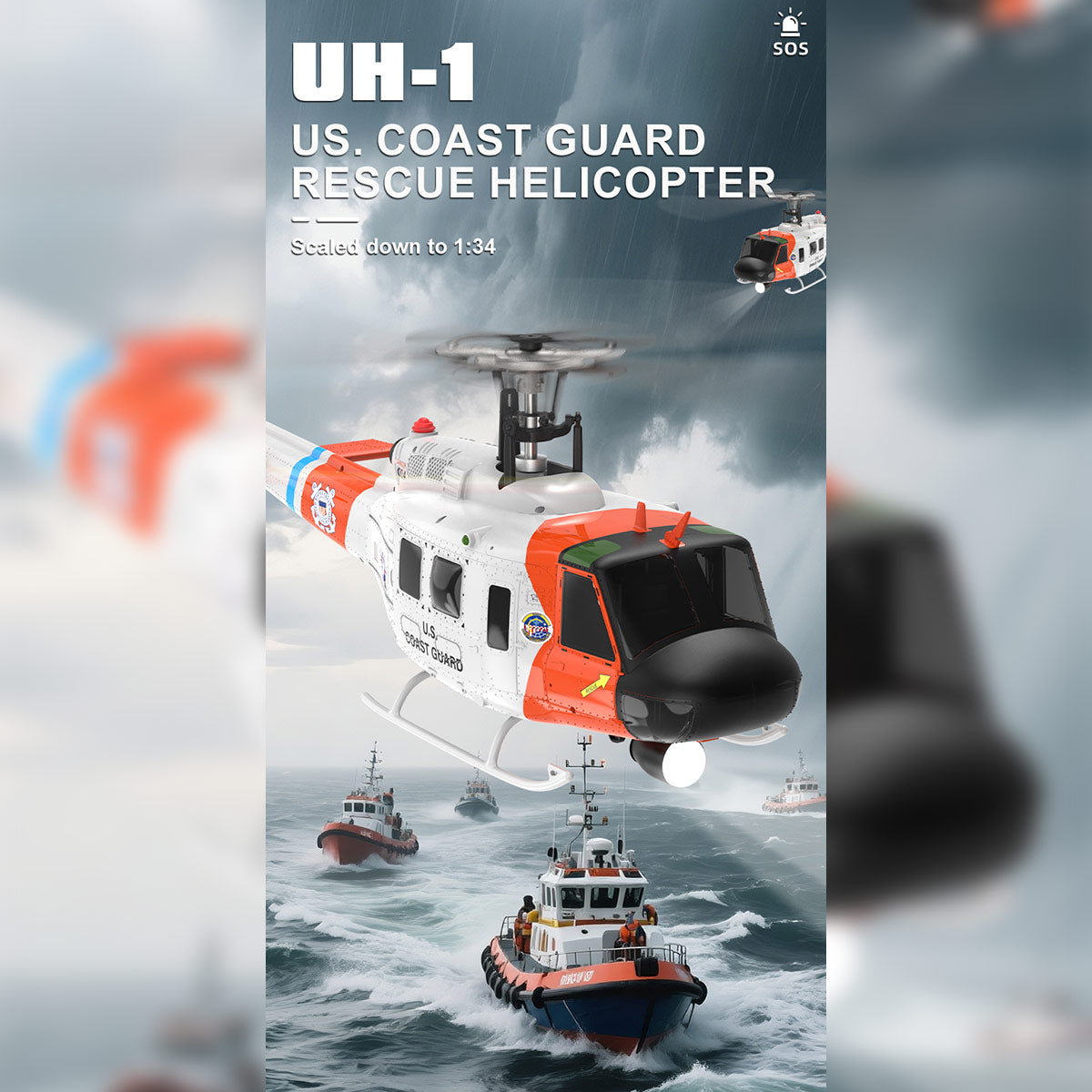 WOLFBUSH×YU XIANG F07S UH-1 Huey 1/34 Scale 2.4G 6CH Brushless Direct Drive 6G Flybarless RC Helicopter Model with GPS Positioning for Altitude Hold and Adjustable Left/Right Hand Throttle (RTF Version/White Rescue Livery)