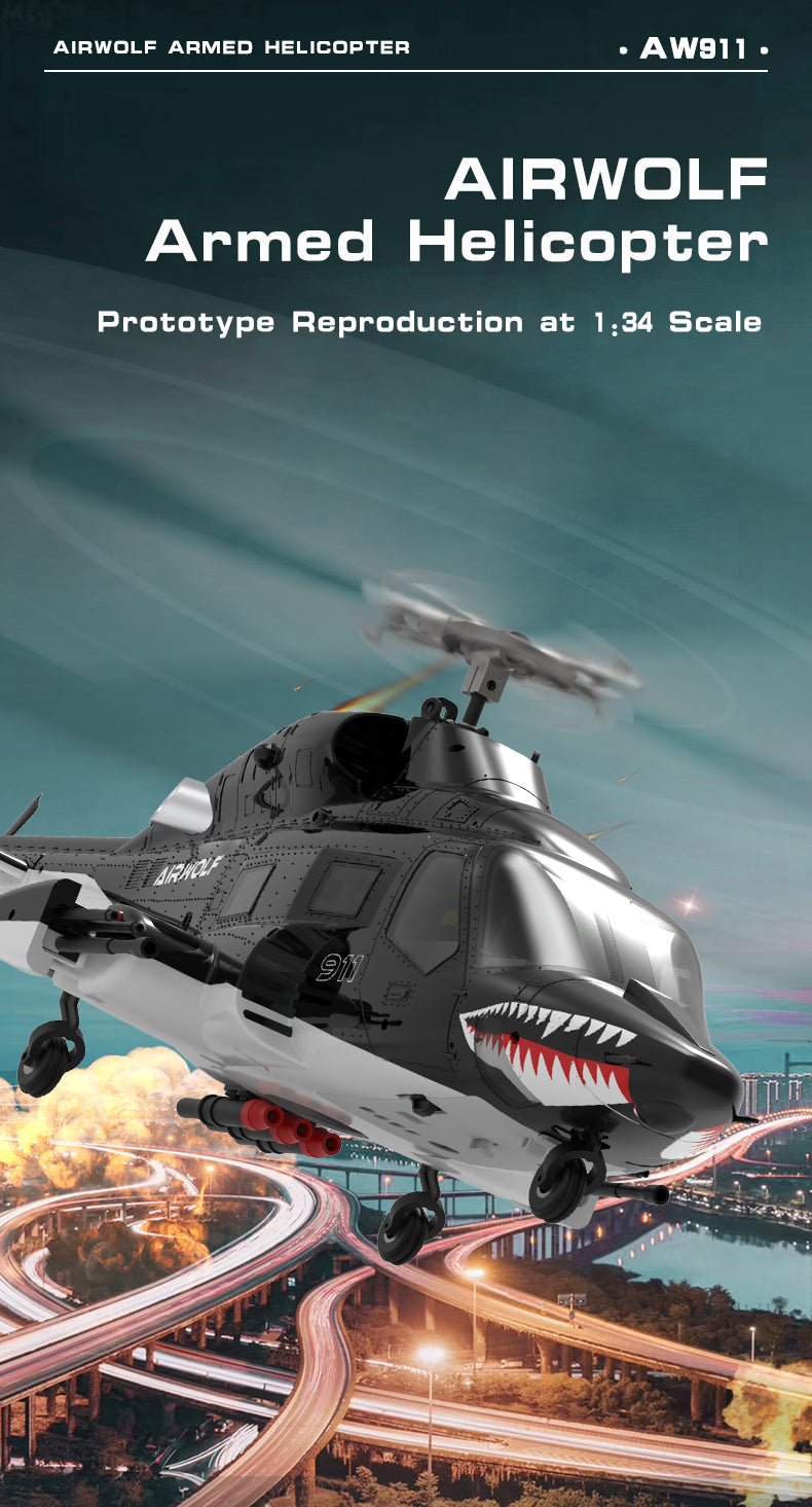WOLFBUSH AW-911 Airwolf 1/34 Scale 2.4G 9CH Flybarless RC Helicopter Model with 6G/3D Stunt Mode and GPS Positioning (RTF Version/ Mode 1/Mode 2 Switchable)