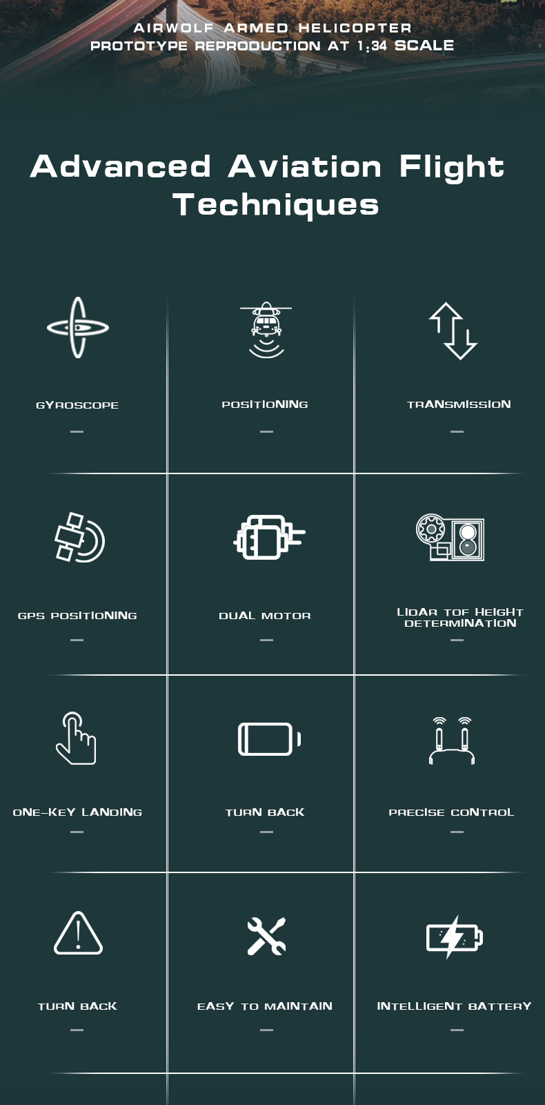 WOLFBUSH AW-911 Airwolf 1/34 Scale 2.4G 9CH Flybarless RC Helicopter Model with 6G/3D Stunt Mode and GPS Positioning (RTF Version/ Mode 1/Mode 2 Switchable)