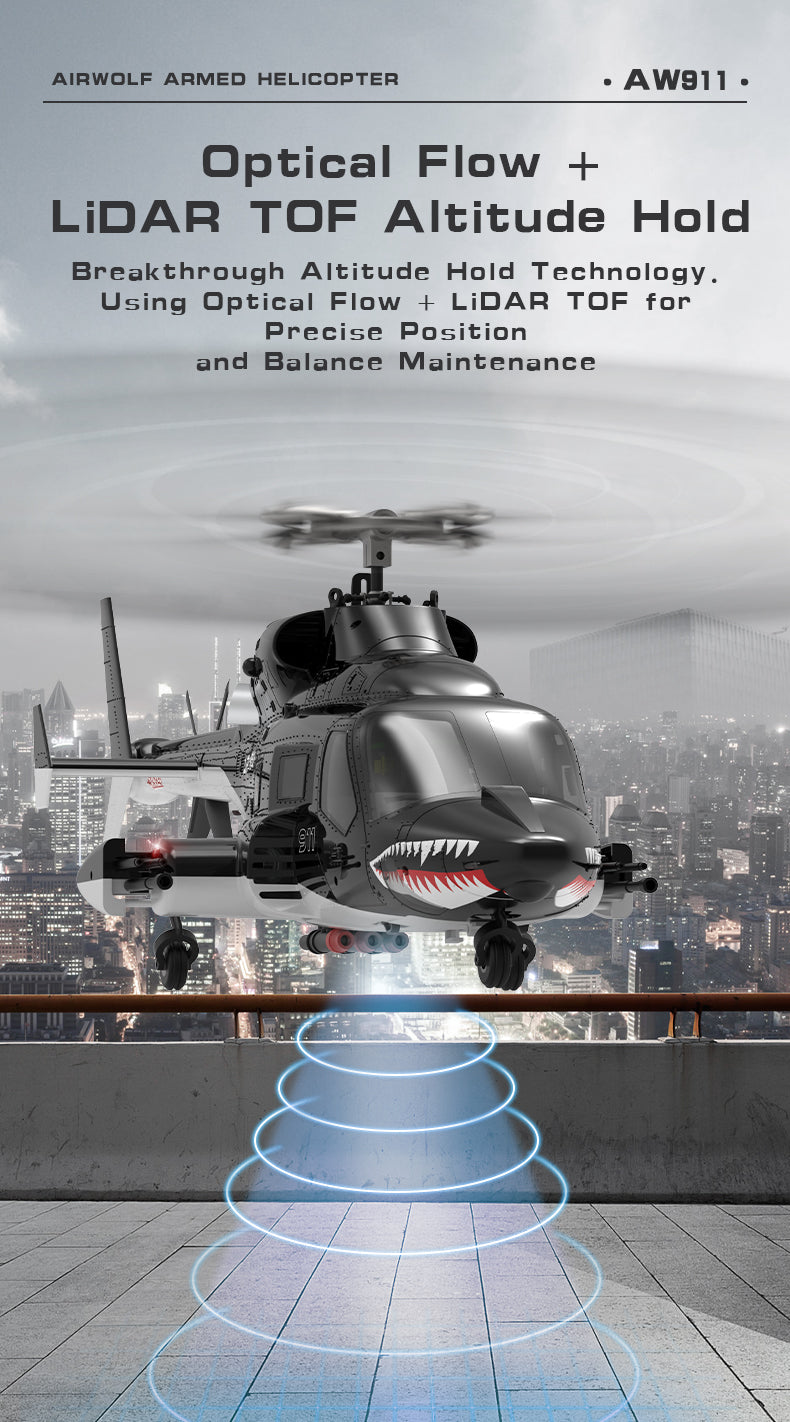 WOLFBUSH AW-911 Airwolf 1/34 Scale 2.4G 9CH Flybarless RC Helicopter Model with 6G/3D Stunt Mode and GPS Positioning (RTF Version/ Mode 1/Mode 2 Switchable)