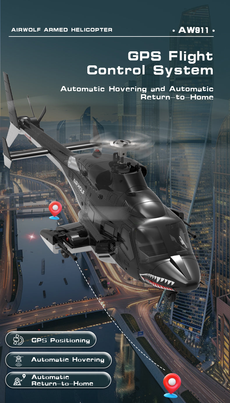 WOLFBUSH AW-911 Airwolf 1/34 Scale 2.4G 9CH Flybarless RC Helicopter Model with 6G/3D Stunt Mode and GPS Positioning (RTF Version/ Mode 1/Mode 2 Switchable)