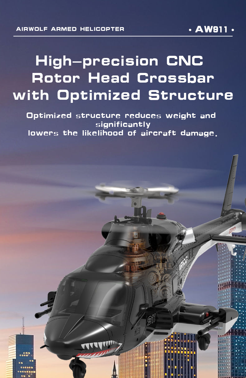 WOLFBUSH AW-911 Airwolf 1/34 Scale 2.4G 9CH Flybarless RC Helicopter Model with 6G/3D Stunt Mode and GPS Positioning (RTF Version/ Mode 1/Mode 2 Switchable)