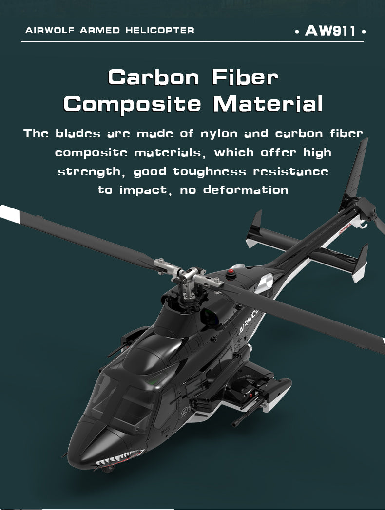 WOLFBUSH AW-911 Airwolf 1/34 Scale 2.4G 9CH Flybarless RC Helicopter Model with 6G/3D Stunt Mode and GPS Positioning (RTF Version/ Mode 1/Mode 2 Switchable)