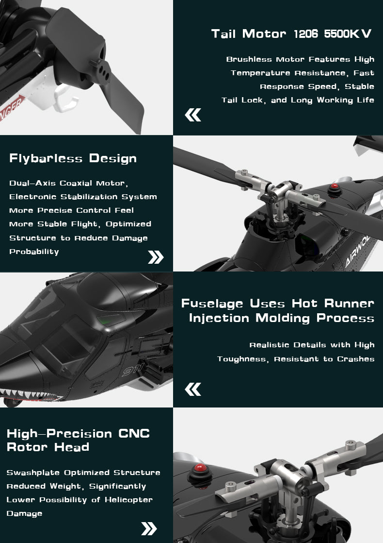 WOLFBUSH AW-911 Airwolf 1/34 Scale 2.4G 9CH Flybarless RC Helicopter Model with 6G/3D Stunt Mode and GPS Positioning (RTF Version/ Mode 1/Mode 2 Switchable)