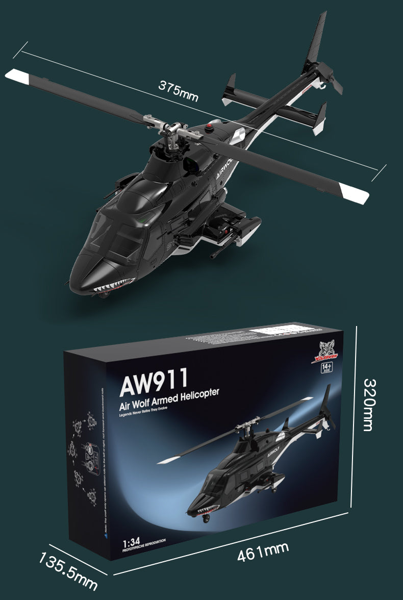 WOLFBUSH AW-911 Airwolf 1/34 Scale 2.4G 9CH Flybarless RC Helicopter Model with 6G/3D Stunt Mode and GPS Positioning (RTF Version/ Mode 1/Mode 2 Switchable)