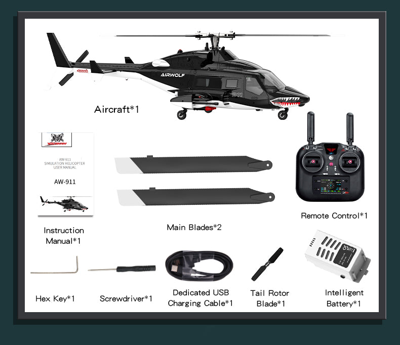 WOLFBUSH AW-911 Airwolf 1/34 Scale 2.4G 9CH Flybarless RC Helicopter Model with 6G/3D Stunt Mode and GPS Positioning (RTF Version/ Mode 1/Mode 2 Switchable)