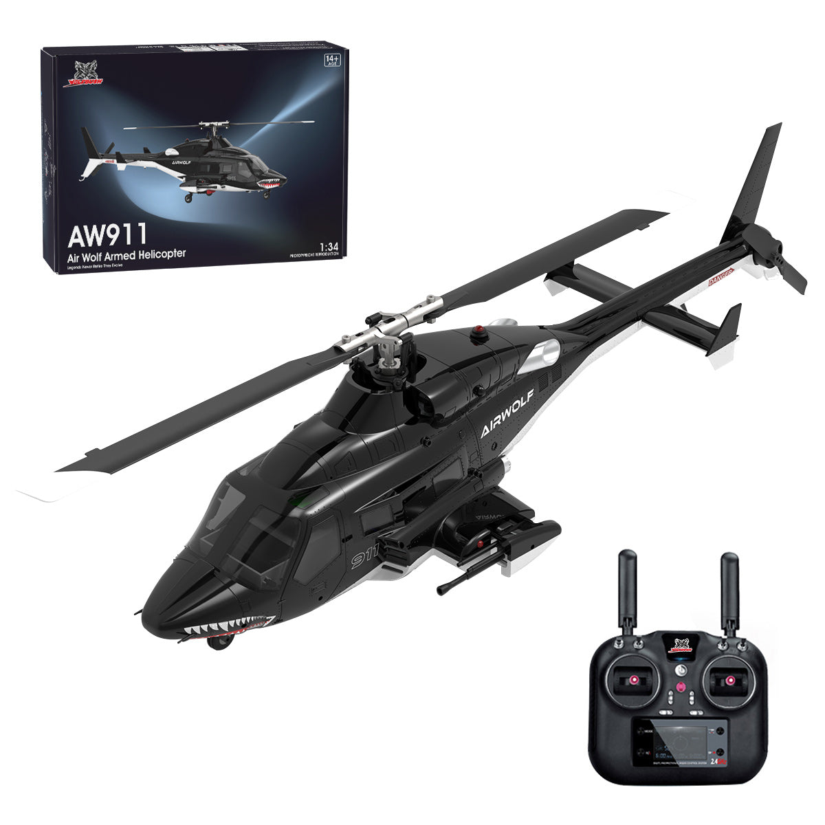 WOLFBUSH AW-911 Airwolf 1/34 Scale 2.4G 9CH Flybarless RC Helicopter Model with 6G/3D Stunt Mode and GPS Positioning (RTF Version/ Mode 1/Mode 2 Switchable)