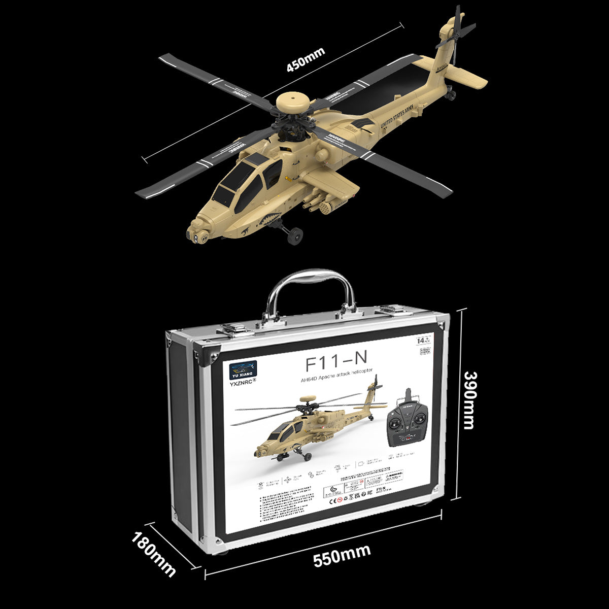 WOLFBUSH & YU XIANG F11-N AH64 1/32 Scale 2.4G 6CH Coaxial Dual Rotor 6G/3D Apache RC Helicopter Model with Optical Flow Altitude Hold (RTF Version/Desert Yellow)