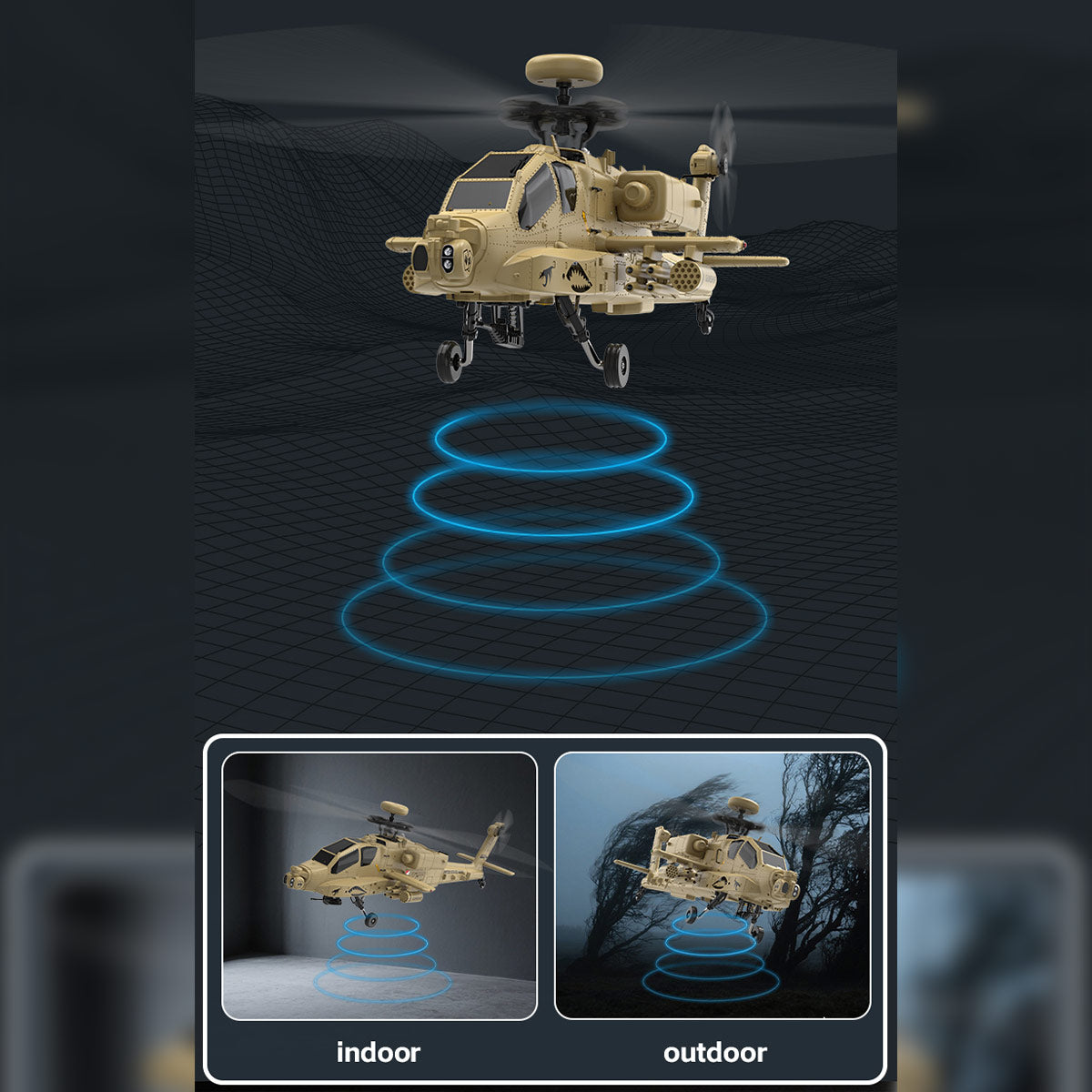 WOLFBUSH & YU XIANG F11-N AH64 1/32 Scale 2.4G 6CH Coaxial Dual Rotor 6G/3D Apache RC Helicopter Model with Optical Flow Altitude Hold (RTF Version/Desert Yellow)