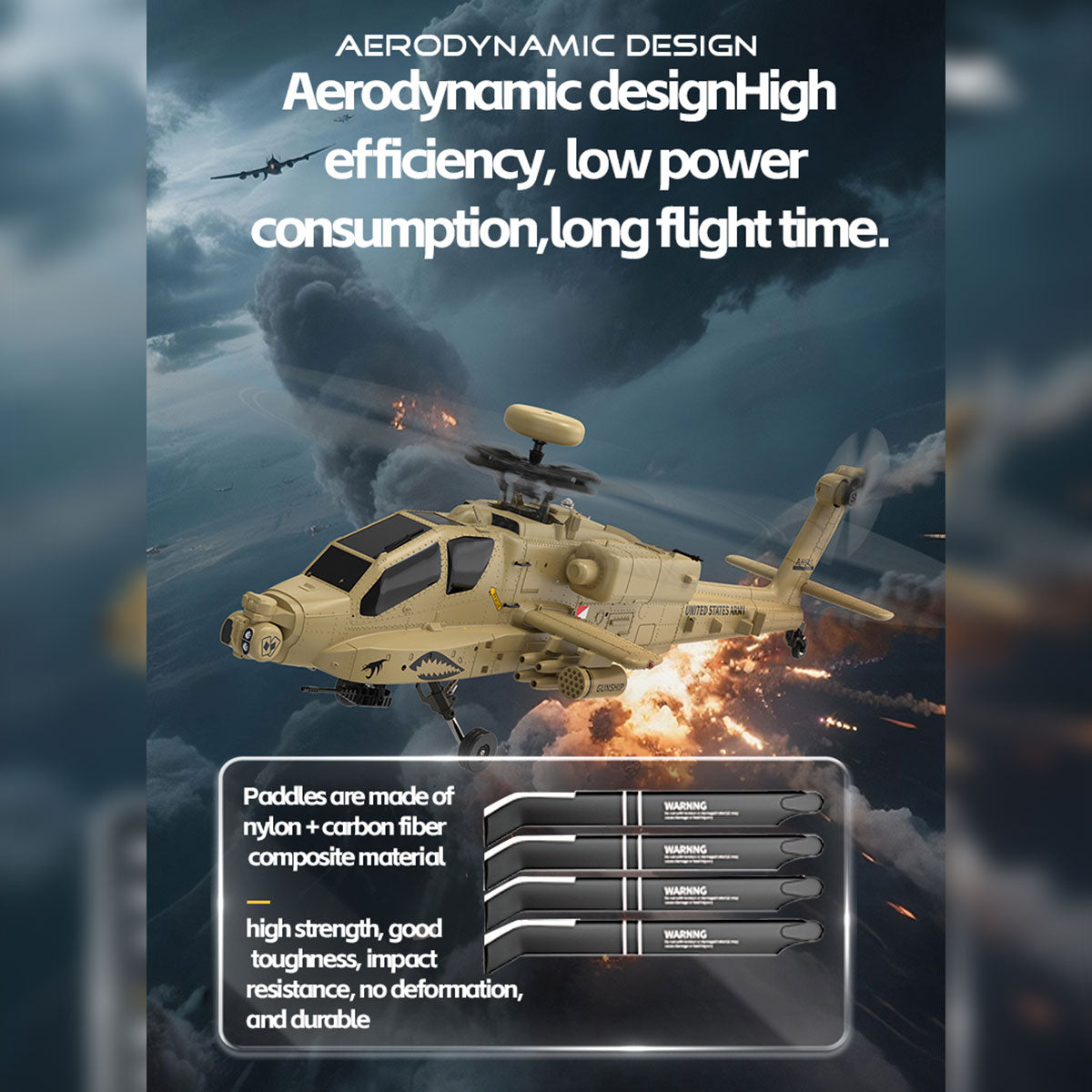 WOLFBUSH & YU XIANG F11-N AH64 1/32 Scale 2.4G 6CH Coaxial Dual Rotor 6G/3D Apache RC Helicopter Model with Optical Flow Altitude Hold (RTF Version/Desert Yellow)