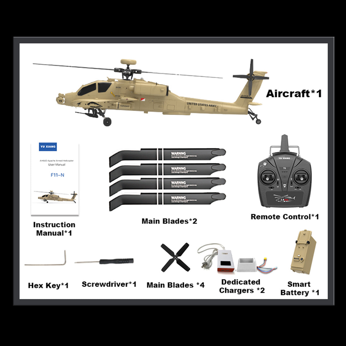WOLFBUSH & YU XIANG F11-N AH64 1/32 Scale 2.4G 6CH Coaxial Dual Rotor 6G/3D Apache RC Helicopter Model with Optical Flow Altitude Hold (RTF Version/Desert Yellow)